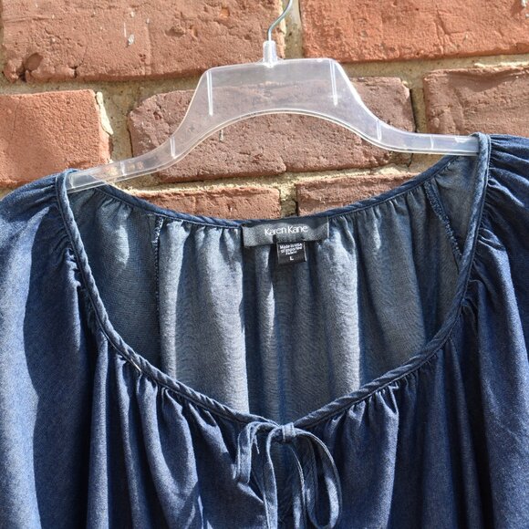 Karen Kane Contrast Stitch Denim Peasant Blouse Size L - Picture 2 of 11